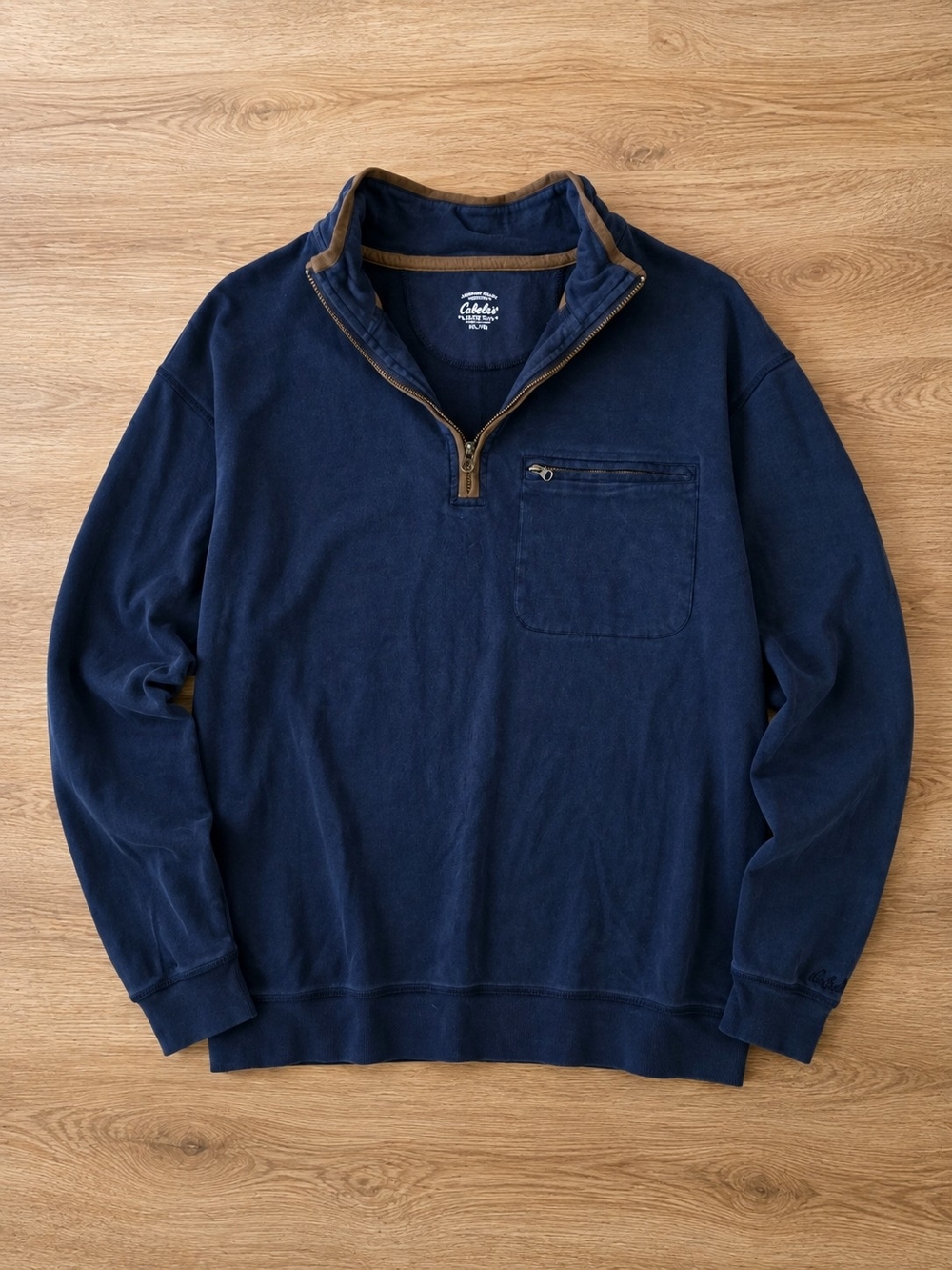 Cabela's Navy Zip-Front Quarter-Zip Sweater with Tan Trim - XL